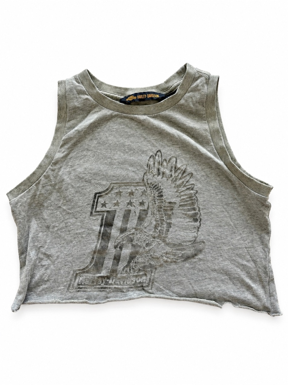 Vintage Harley Davidson Eagle Graphic Cutout Grey Cropped Tank Top size Medium.